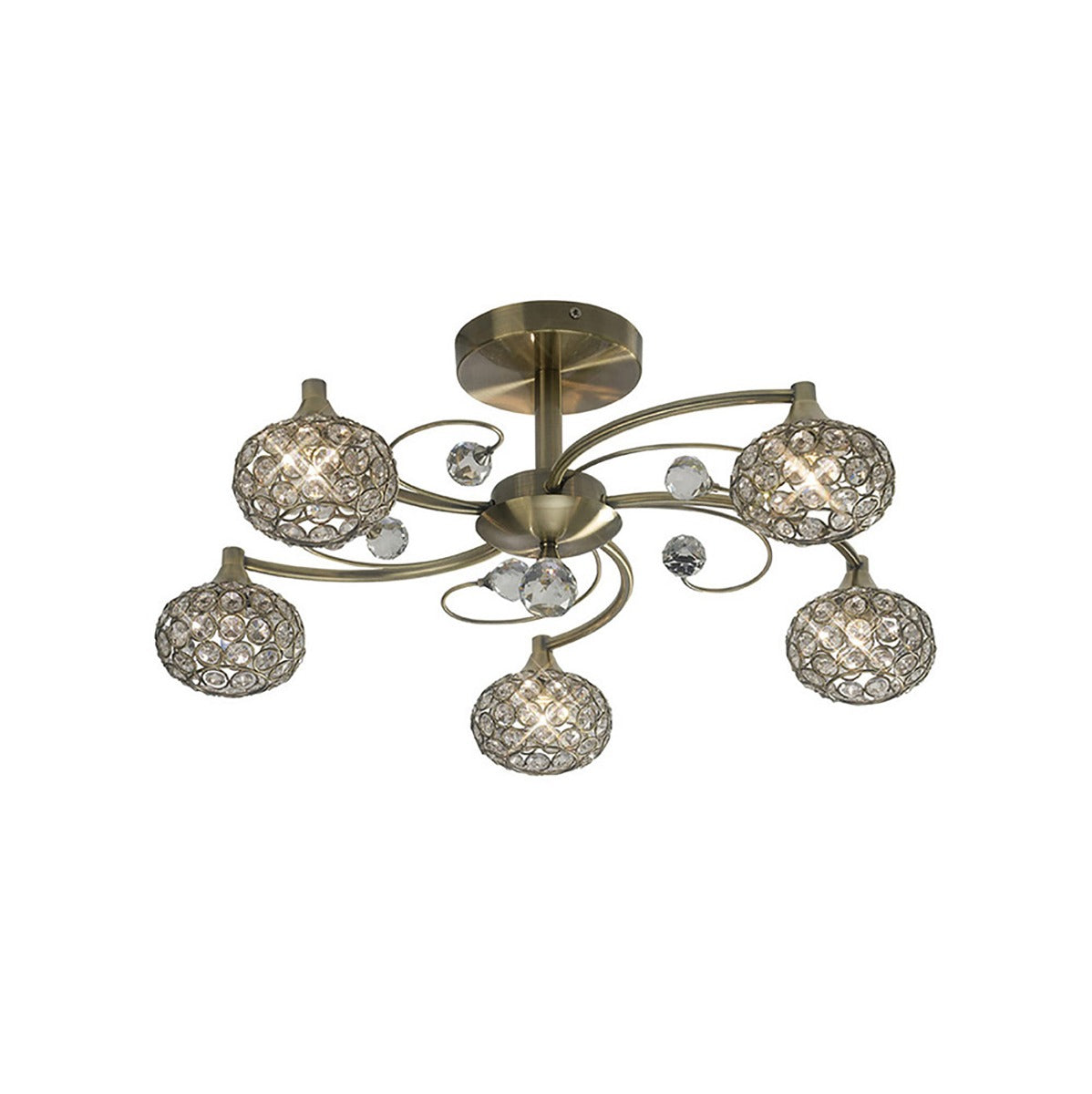 Diyas Cara 5 Light Semi Flush Ceiling Light in Antique Brass with Crystal