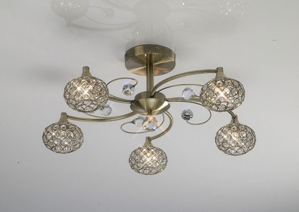 Diyas Cara 5 Light Semi Flush Ceiling Light in Antique Brass with Crystal
