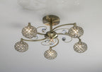 Diyas Cara 5 Light Semi Flush Ceiling Light in Antique Brass with Crystal