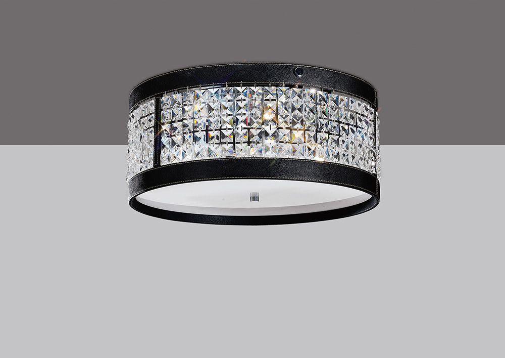 Diyas Celsa 4 Light Flush Ceiling Light in Polished Chrome with Black Faux Leather and Crystal