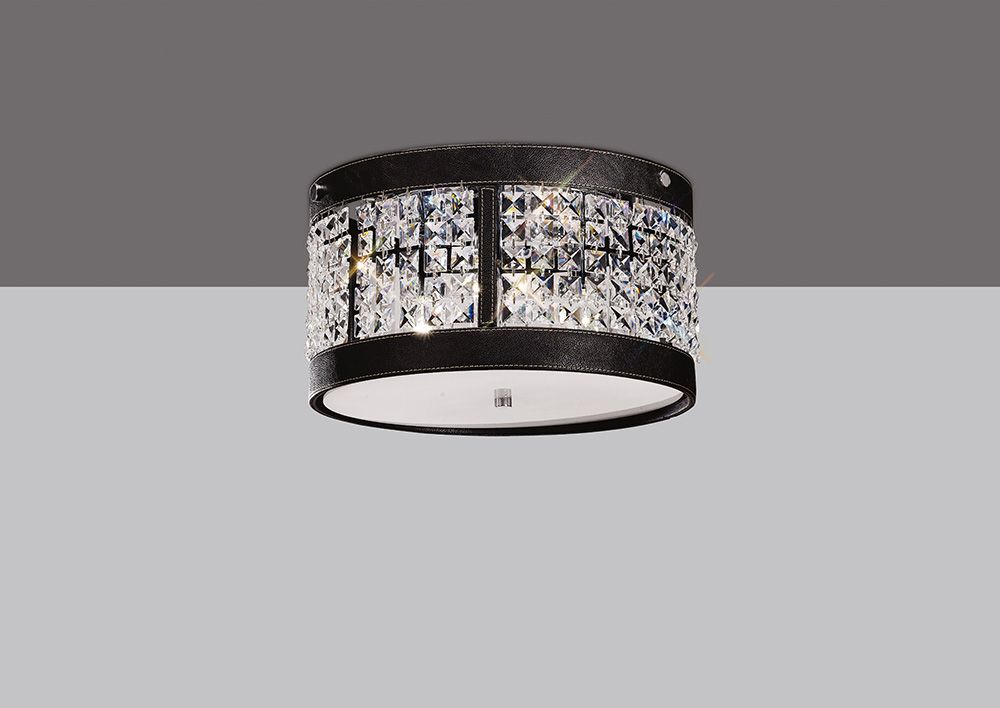 Diyas Celsa 3 Light Flush Ceiling Light in Polished Chrome with Dark Brown Faux Leather and Crystal