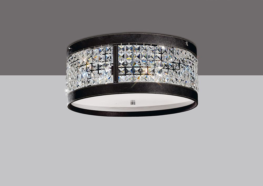 Diyas Celsa 4 Light Flush Ceiling Light in Polished Chrome with Dark Brown Faux Leather and Crystal