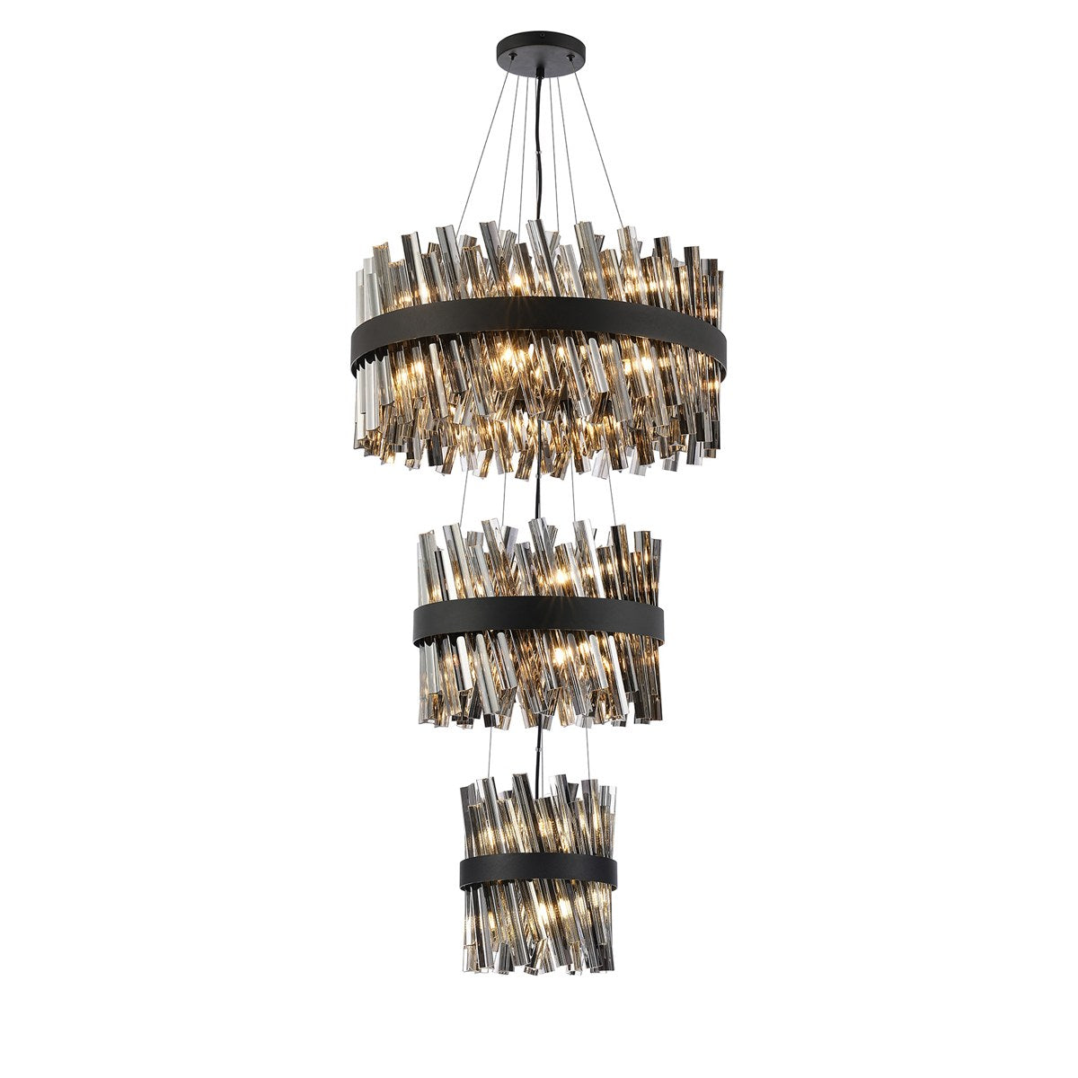 Regent Chatou 3 Tier 34 Light 600mm Pendant Light - Satin Black / Smoke