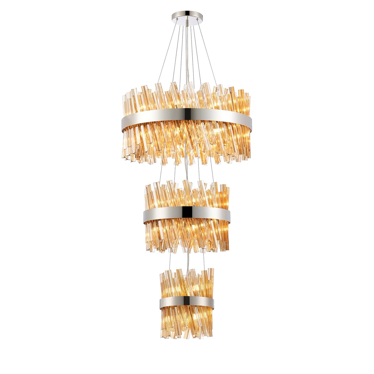 Regent Chatou 3 Tier 34 Light 600mm Pendant Light - Polished Nickel / Amber