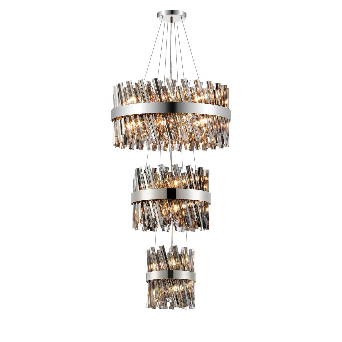 Regent Chatou 3 Tier 34 Light 600mm Pendant Light - Polished Nickel / Smoke