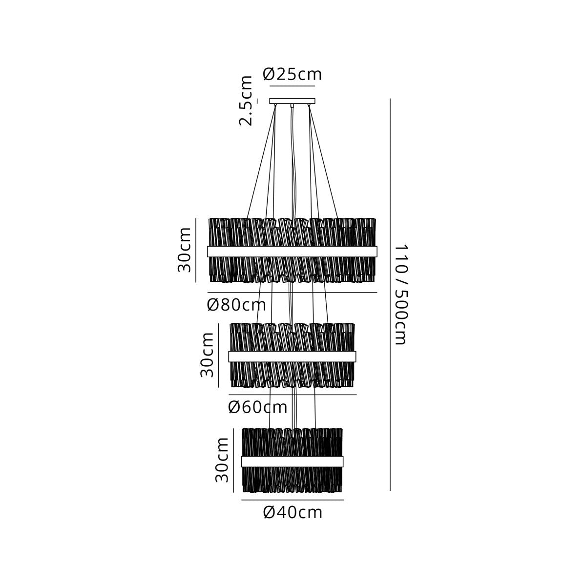 Regent Chatou 3 Tier 52 Light 800mm Pendant Light - dimensions