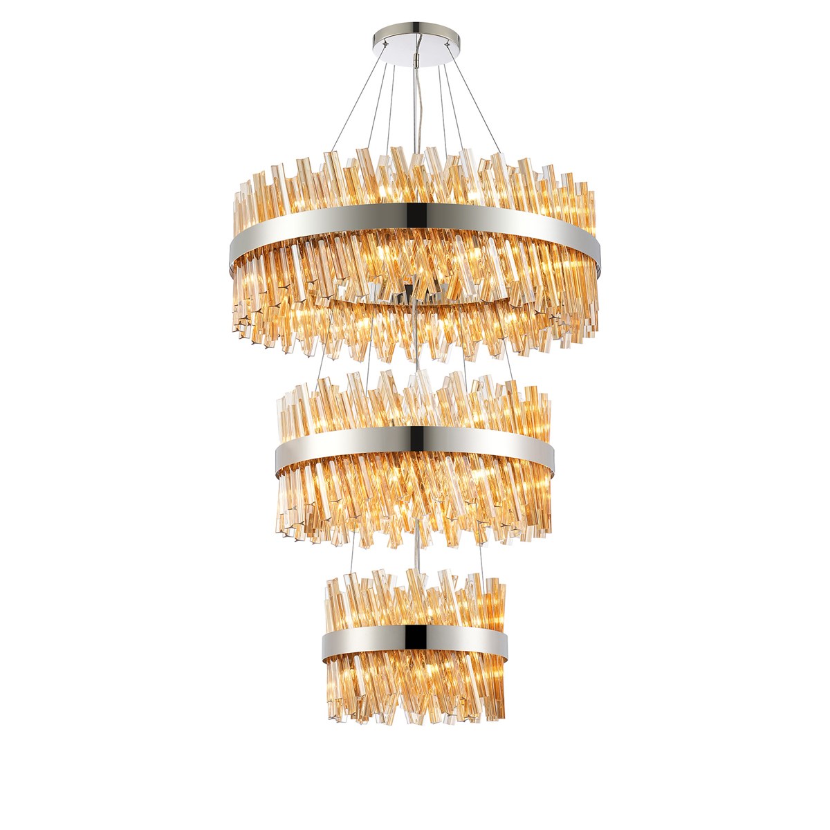 Regent Chatou 3 Tier 52 Light 800mm Pendant Light - Polished Nickel / Amber
