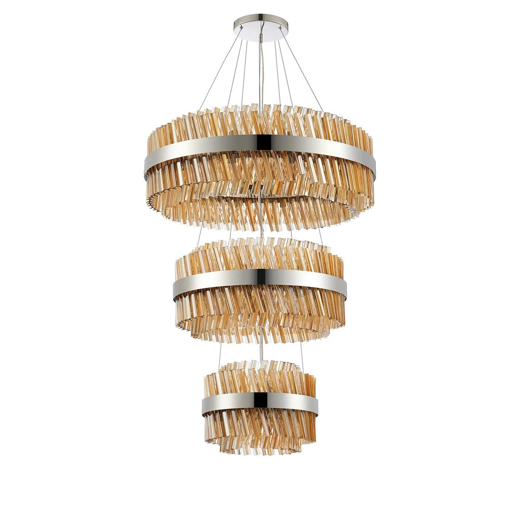 Regent Chatou 3 Tier 52 Light 800mm Pendant Light - Polished Nickel / Amber