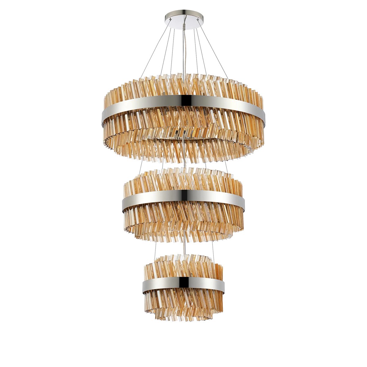 Regent Chatou 3 Tier 52 Light 800mm Pendant Light - Polished Nickel / Amber