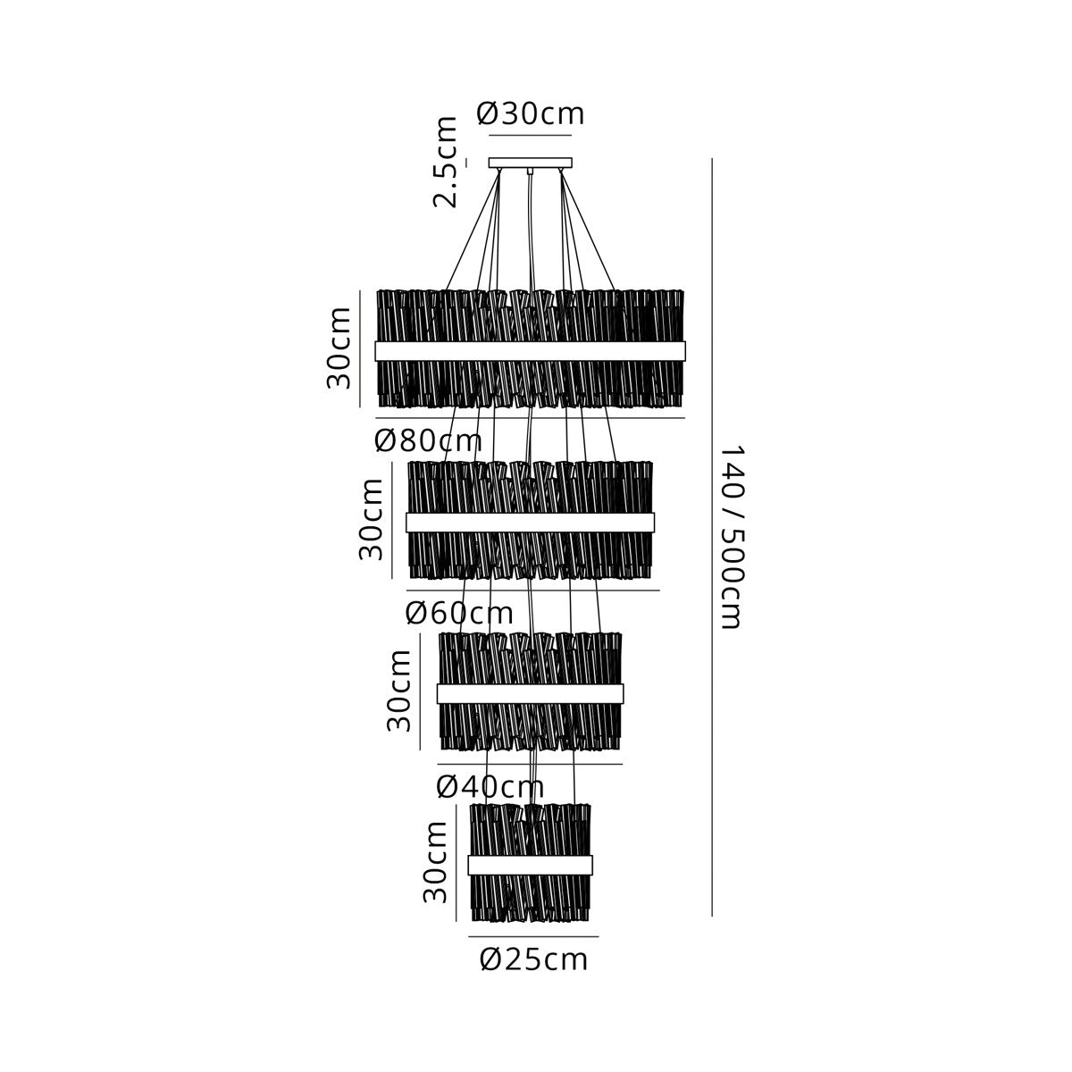 Regent Chatou 4 Tier 58 Light Pendant Light - dimensions