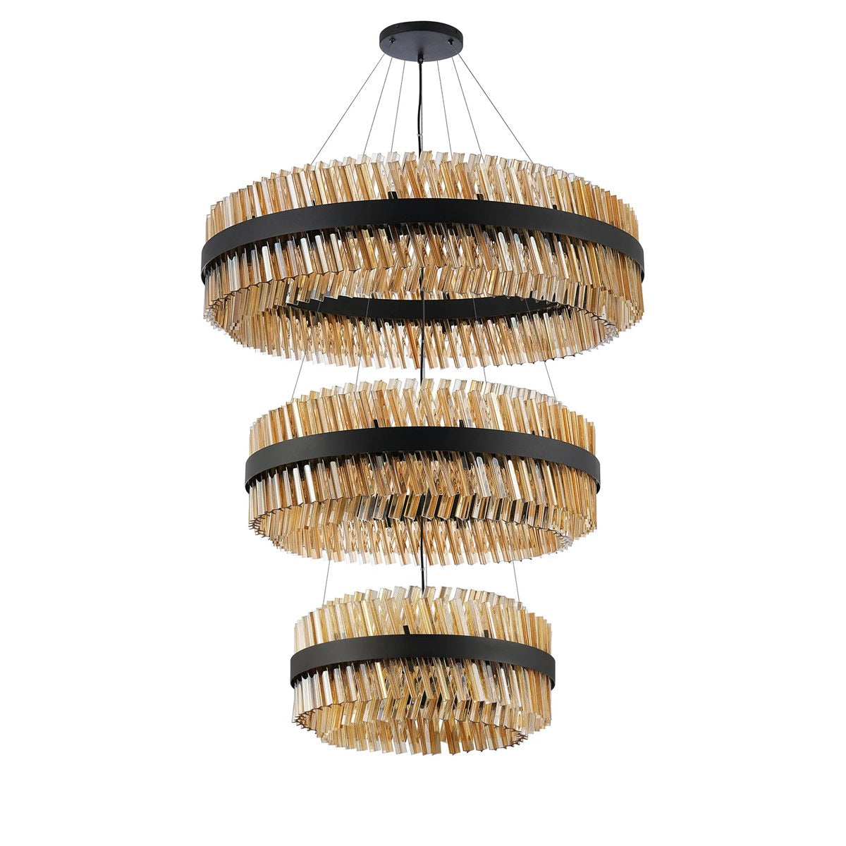 Regent Chatou 3 Tier 60cm + 80cm + 1m 74 Light Pendant Light - Satin Black / Amber