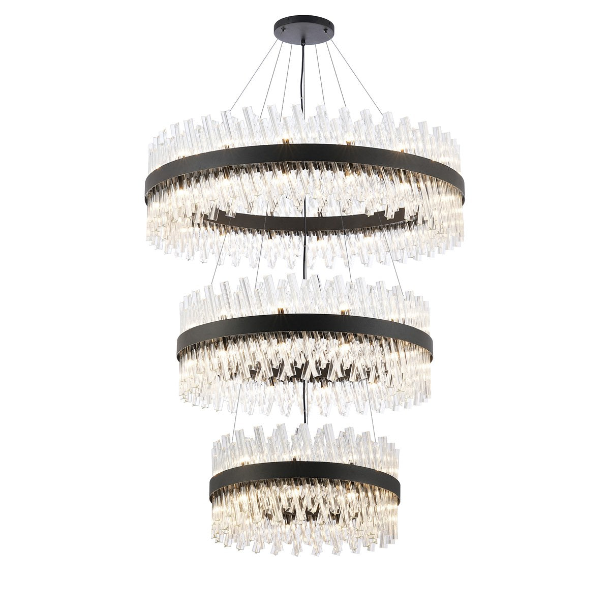 Regent Chatou 3 Tier 60cm + 80cm + 1m 74 Light Pendant Light - Satin Black / Clear