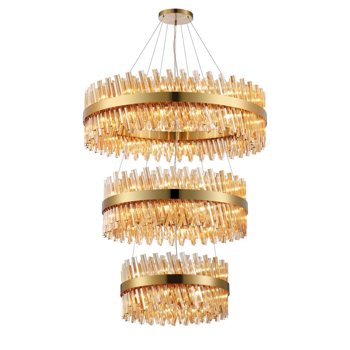 Regent Chatou 3 Tier 60cm + 80cm + 1m 74 Light Pendant Light - Brass / Amber