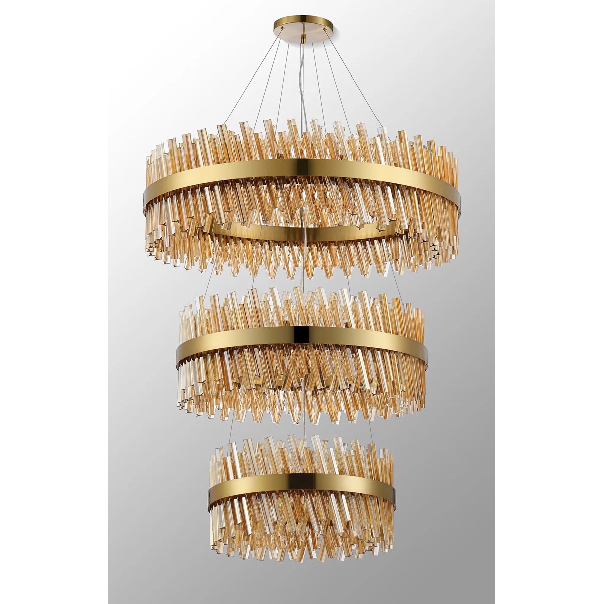 Regent Chatou 3 Tier 60cm + 80cm + 1m 74 Light Pendant Light - Brass / Amber