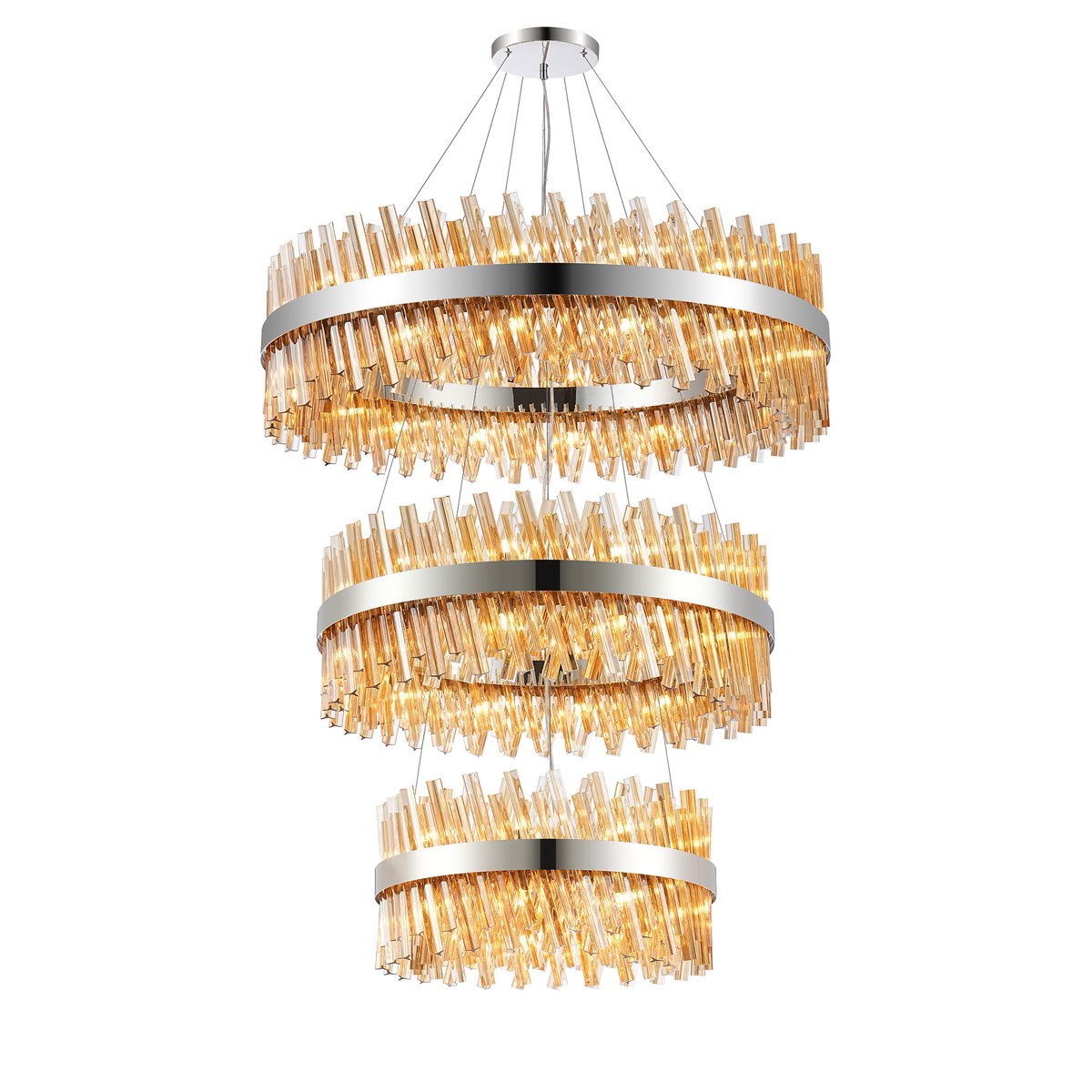 Regent Chatou 3 Tier 60cm + 80cm + 1m 74 Light Pendant Light - Polished Nickel / Amber