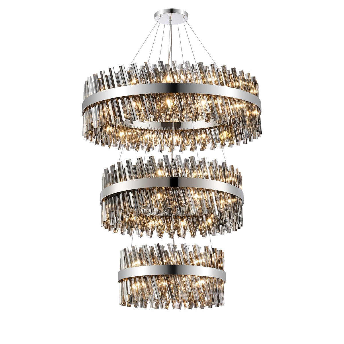 Regent Chatou 3 Tier 60cm + 80cm + 1m 74 Light Pendant Light - Polished Nickel / Smoke