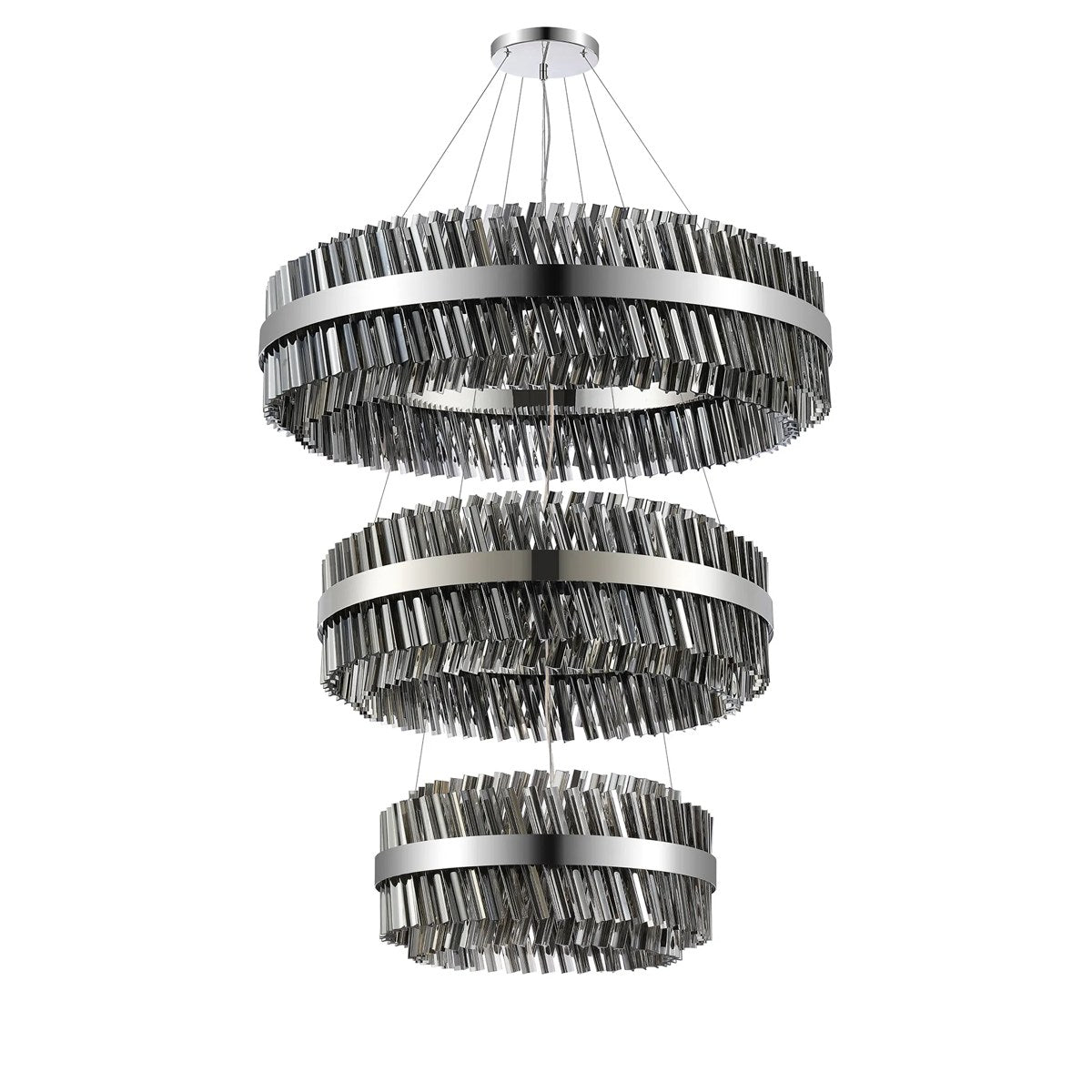 Regent Chatou 3 Tier 60cm + 80cm + 1m 74 Light Pendant Light - Polished Nickel / Smoke