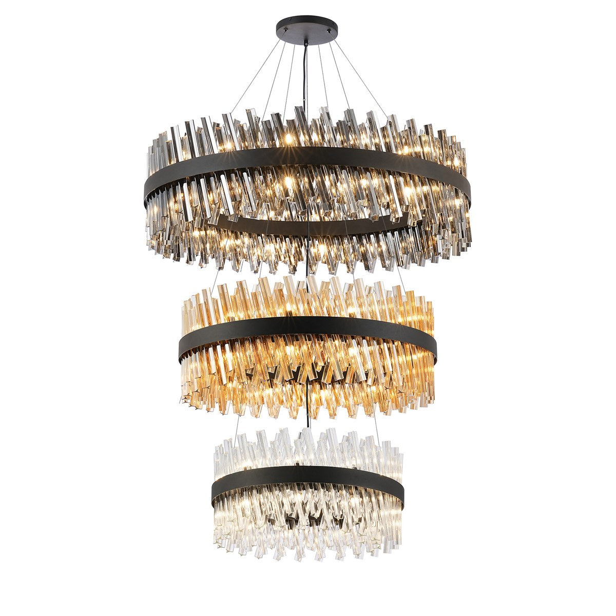 Regent Chatou 3 Tier 60cm + 80cm + 1m 74 Light Pendant Light - Satin Black / Smoke, Amber & Clear