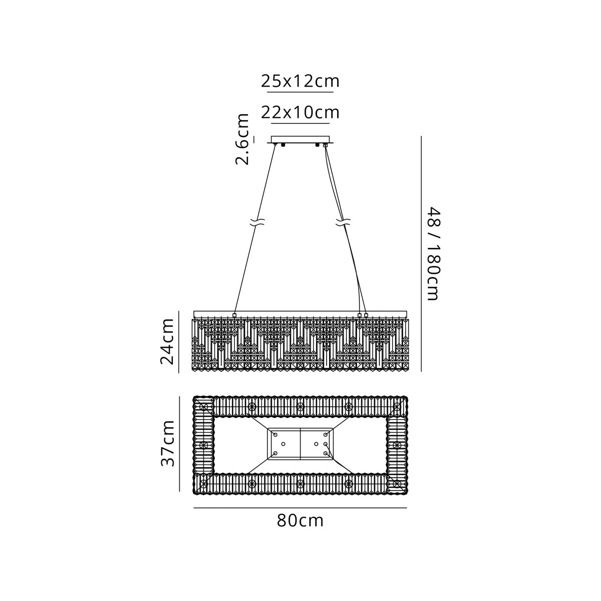 Regent Cholet 80cm Rectangular 12 Light Pendant Chandelier - dimensions