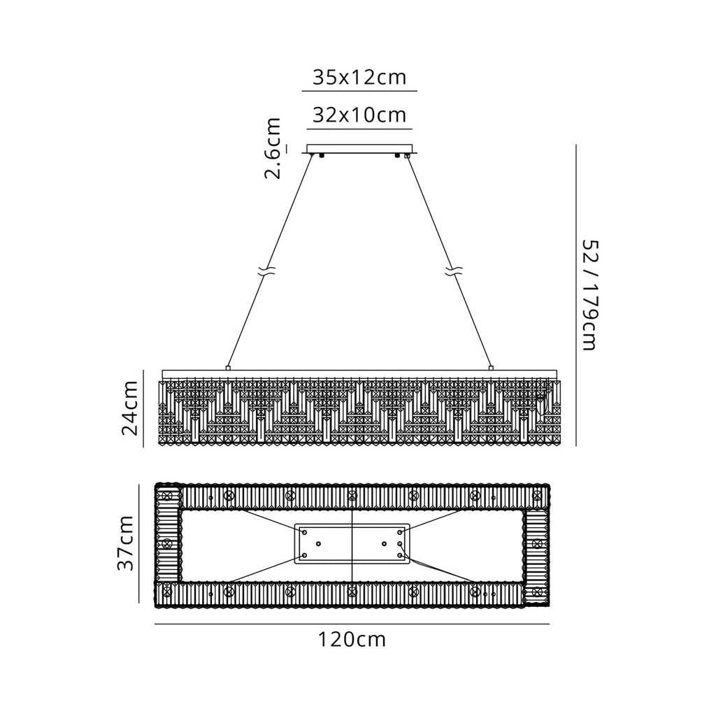 Regent Cholet 120cm Rectangular 16 Light Pendant Chandelier - dimensions