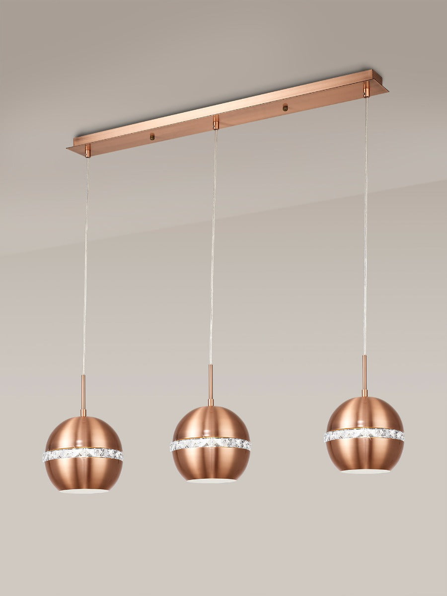 Diyas Andrea 3 Light Linear Pendant Light in Satin Copper with Crystal
