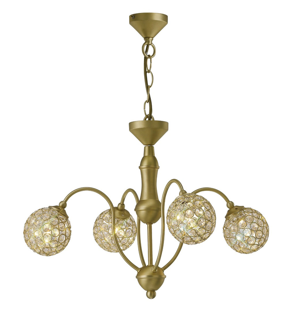Diyas Apollo 4 Light Pendant Light in Satin Brass with Crystal