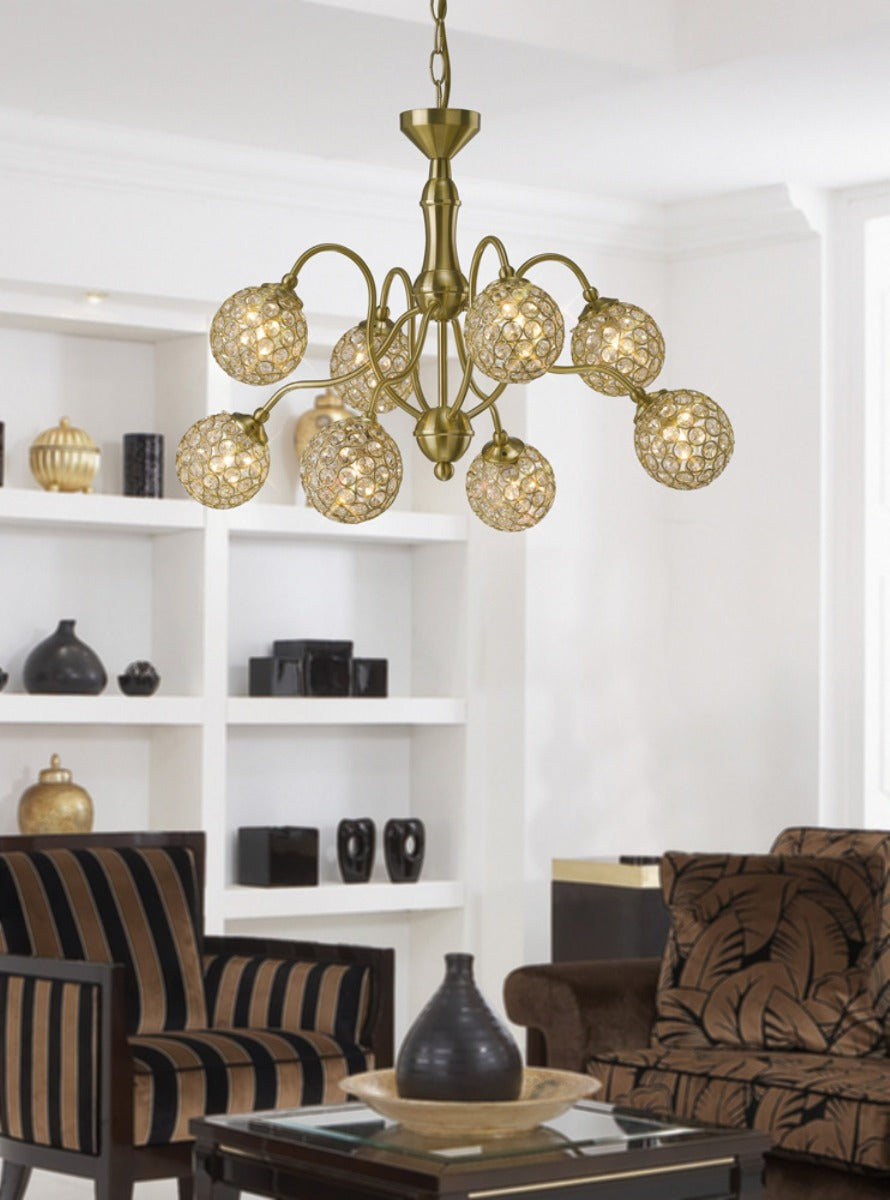 Diyas Apollo 8 Light Pendant Light in Satin Brass with Crystal
