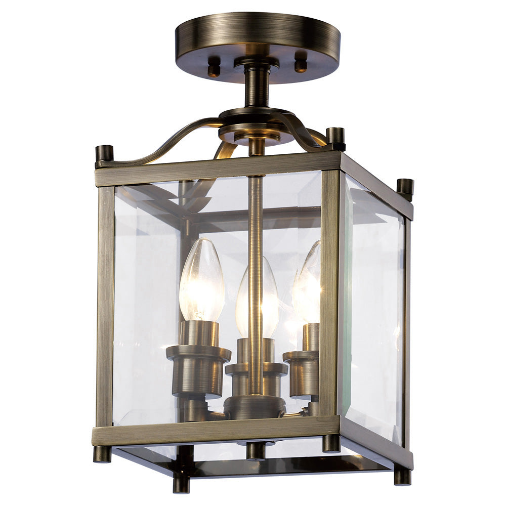Diyas Aston 3 Light Semi Flush Ceiling Light in Antique Brass with Glass