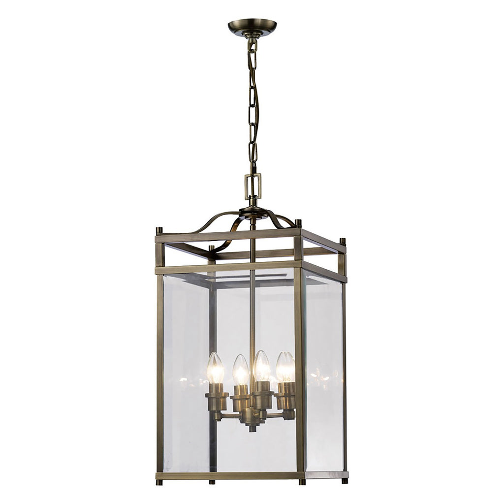 Diyas Aston 4 Light Pendant Light in Antique Brass with Glass