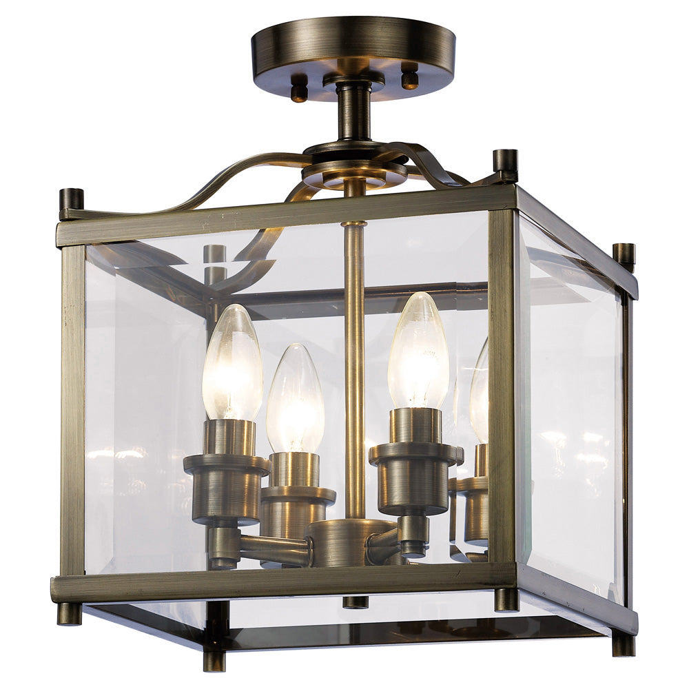 Diyas Aston 4 Light Semi Flush Ceiling Light in Antique Brass with Glass