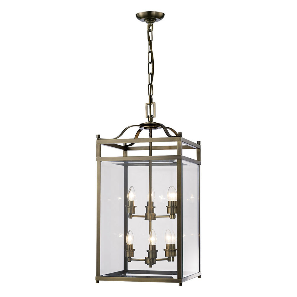 Diyas Aston 6 Light Pendant Light in Antique Brass with Glass