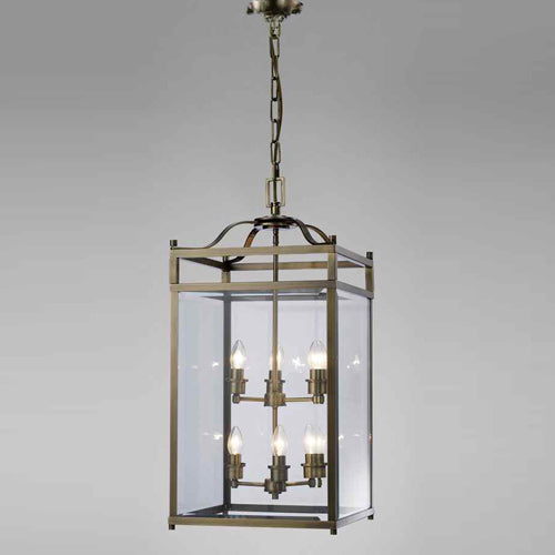 Diyas Aston 6 Light Pendant Light in Antique Brass with Glass