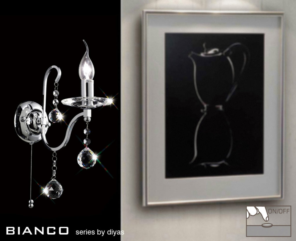 Diyas Bianco 1 Light Switched Wall Light in Polished Chrome with Crystal