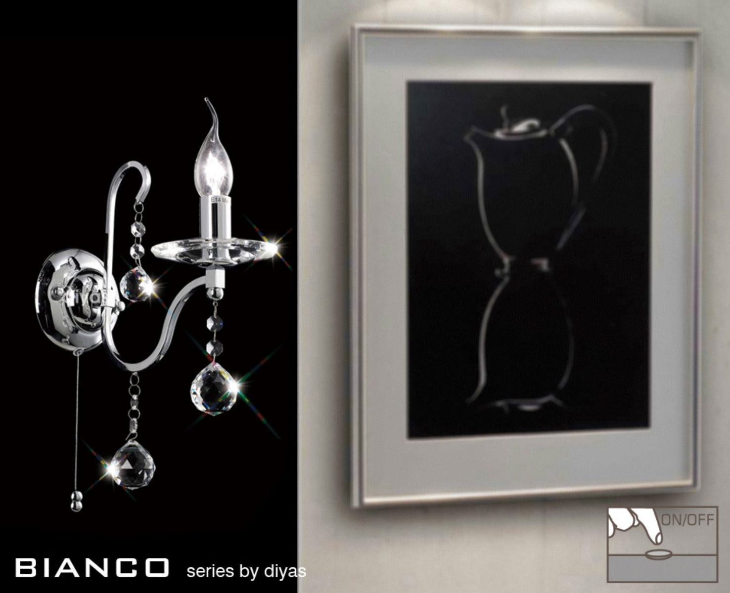 Diyas Bianco 1 Light Switched Wall Light in Polished Chrome with Crystal