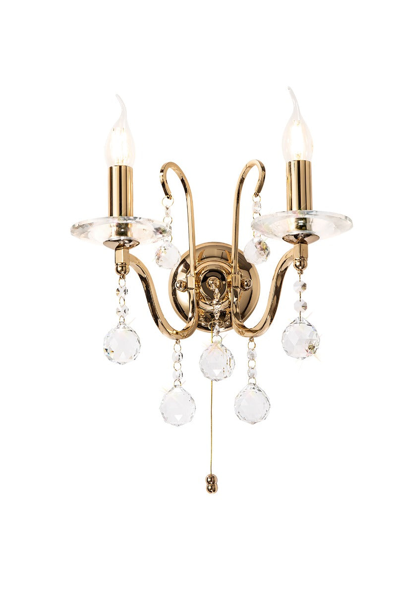 Diyas Bianco 2 Light Switched Wall Light in French Gold with Crystal