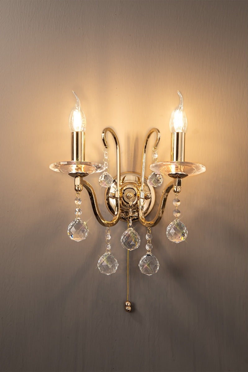 Diyas Bianco 2 Light Switched Wall Light in French Gold with Crystal