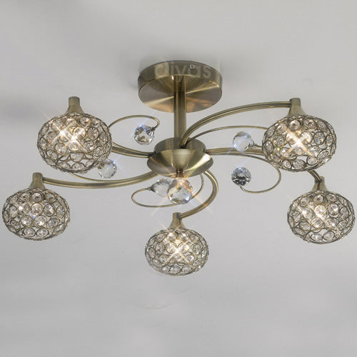 Diyas Cara 5 Light Semi Flush Ceiling Light in Antique Brass with Crystal