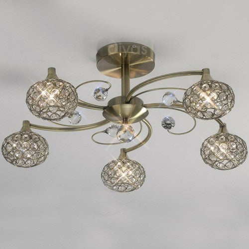 Diyas Cara 5 Light Semi Flush Ceiling Light in Satin Nickel with Crystal