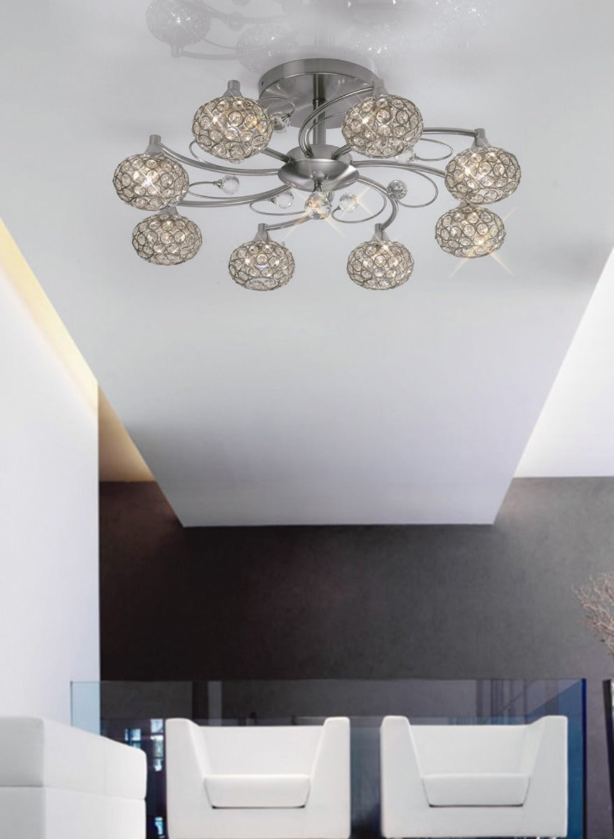Diyas Cara 8 Light Semi Flush Ceiling Light in Satin Nickel with Crystal