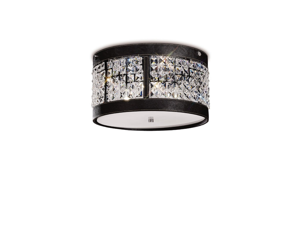 Diyas Celsa 3 Light Flush Ceiling Light in Polished Chrome with Dark Brown Faux Leather and Crystal