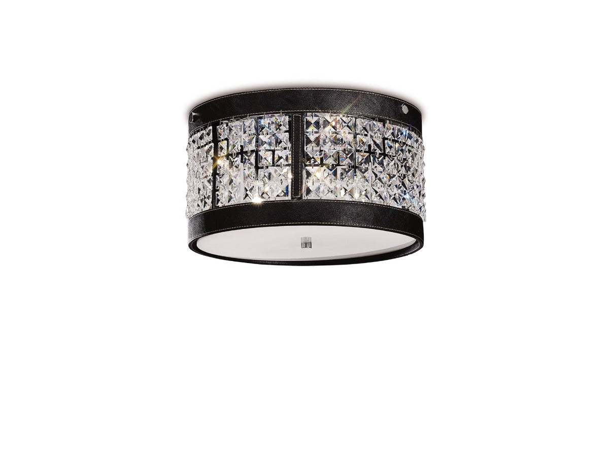 Diyas Celsa 3 Light Flush Ceiling Light in Polished Chrome with Dark Brown Faux Leather and Crystal