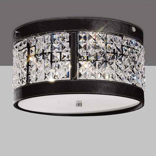 Diyas Celsa 3 Light Flush Ceiling Light in Polished Chrome with Dark Brown Faux Leather and Crystal