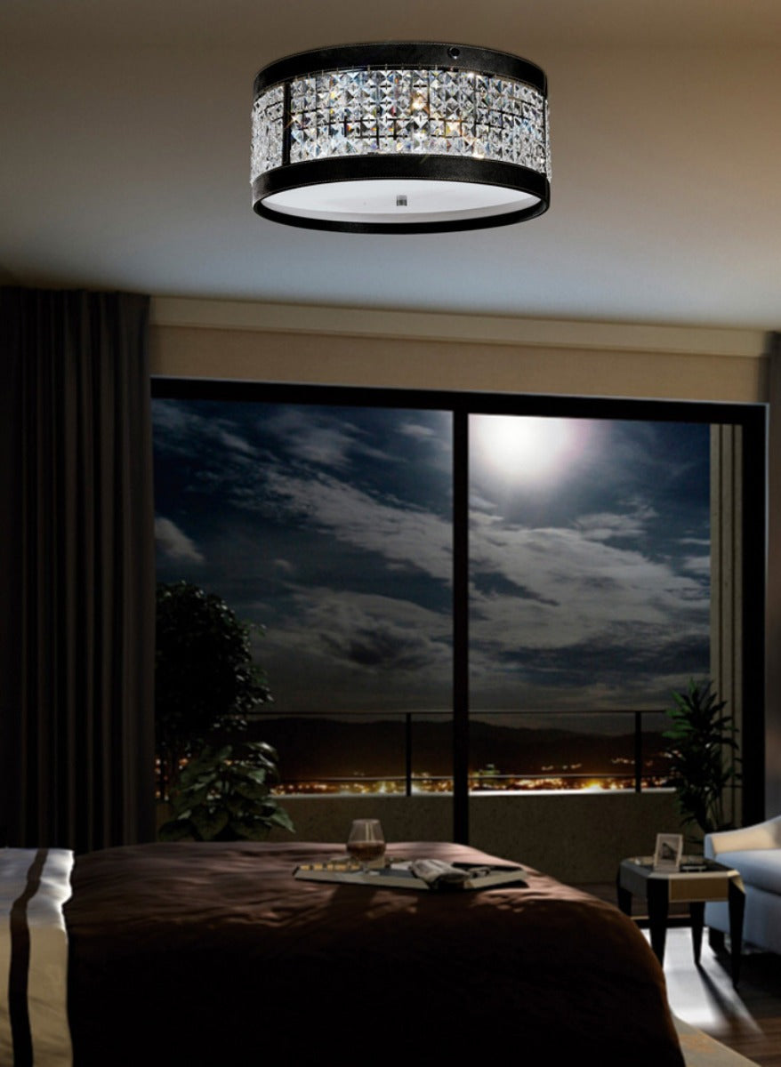 Diyas Celsa 4 Light Flush Ceiling Light in Polished Chrome with Black Faux Leather and Crystal