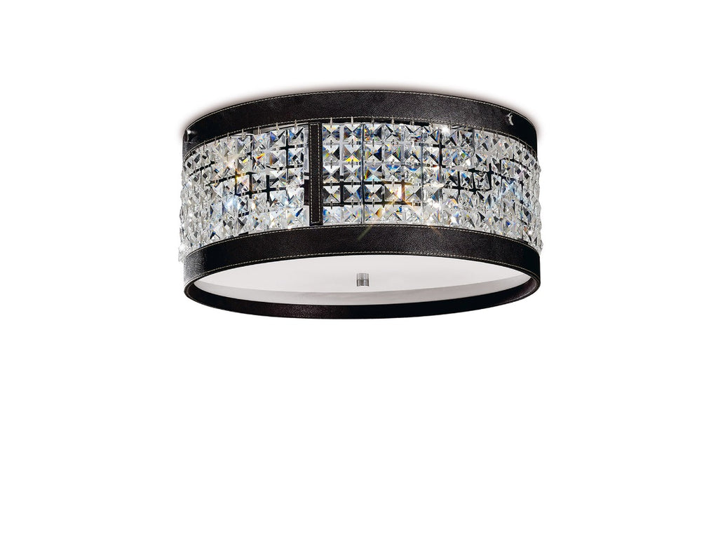 Diyas Celsa 4 Light Flush Ceiling Light in Polished Chrome with Dark Brown Faux Leather and Crystal