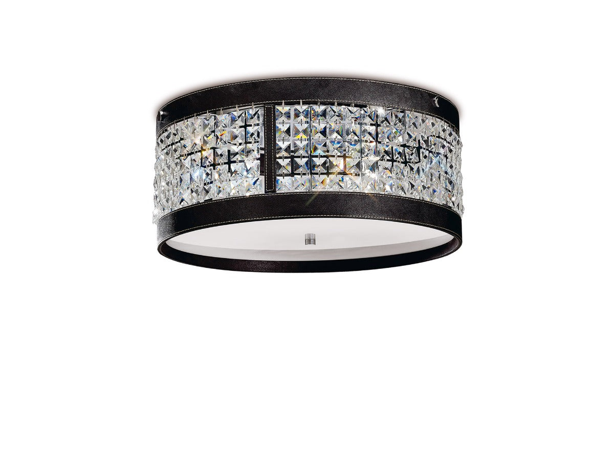 Diyas Celsa 4 Light Flush Ceiling Light in Polished Chrome with Dark Brown Faux Leather and Crystal