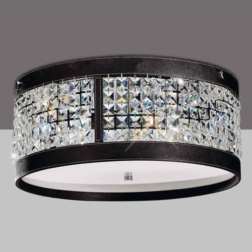 Diyas Celsa 4 Light Flush Ceiling Light in Polished Chrome with Dark Brown Faux Leather and Crystal