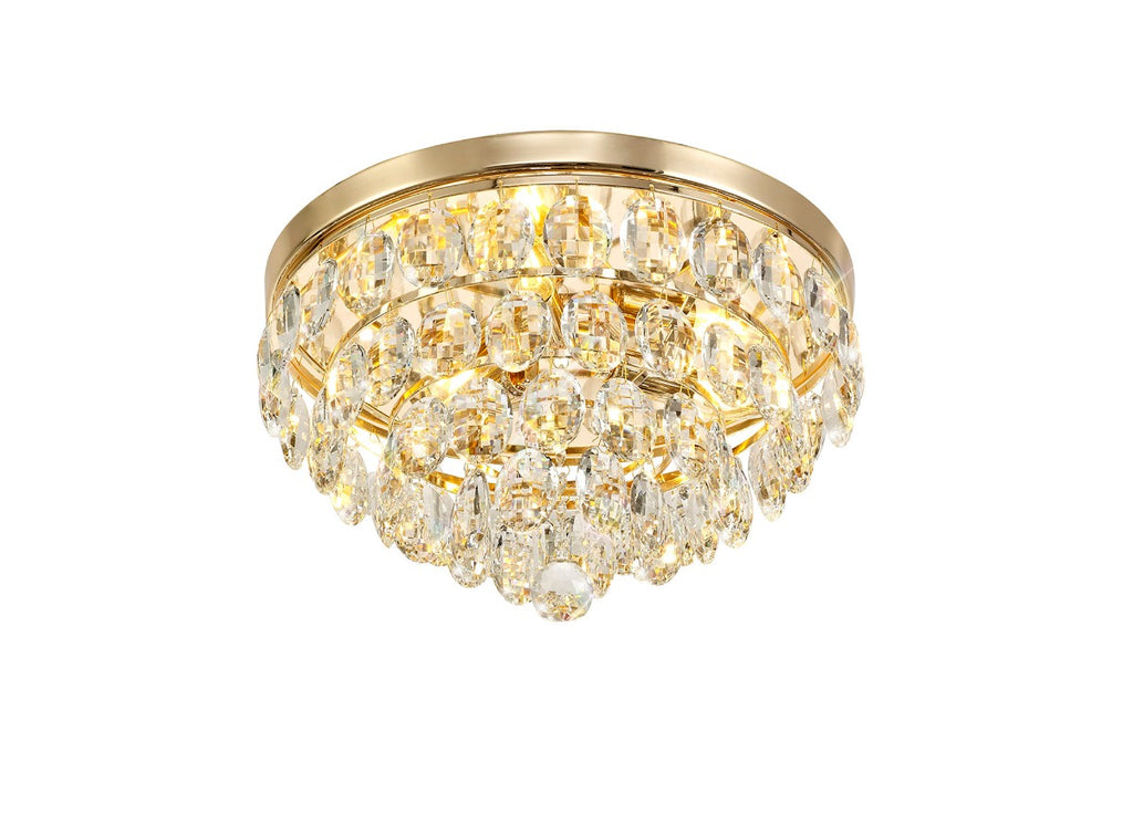 Diyas Coniston 3 Light Round Flush Ceiling Light in French Gold with Crystal
