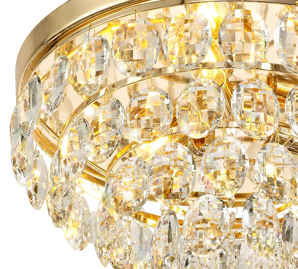 Diyas Coniston 3 Light Round Flush Ceiling Light in French Gold with Crystal