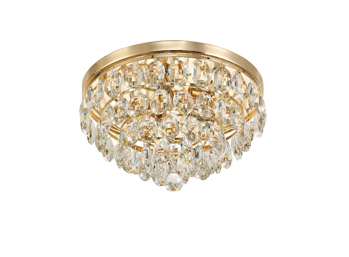 Diyas Coniston 3 Light Round Flush Ceiling Light in French Gold with Crystal