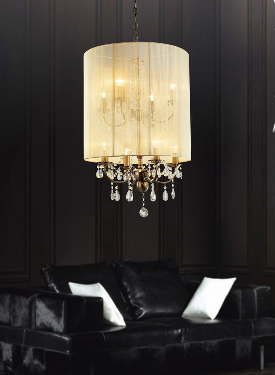 Diyas Ella 8 Light Pendant Light in Antique Brass with Crystal and Ivory Cream Shade